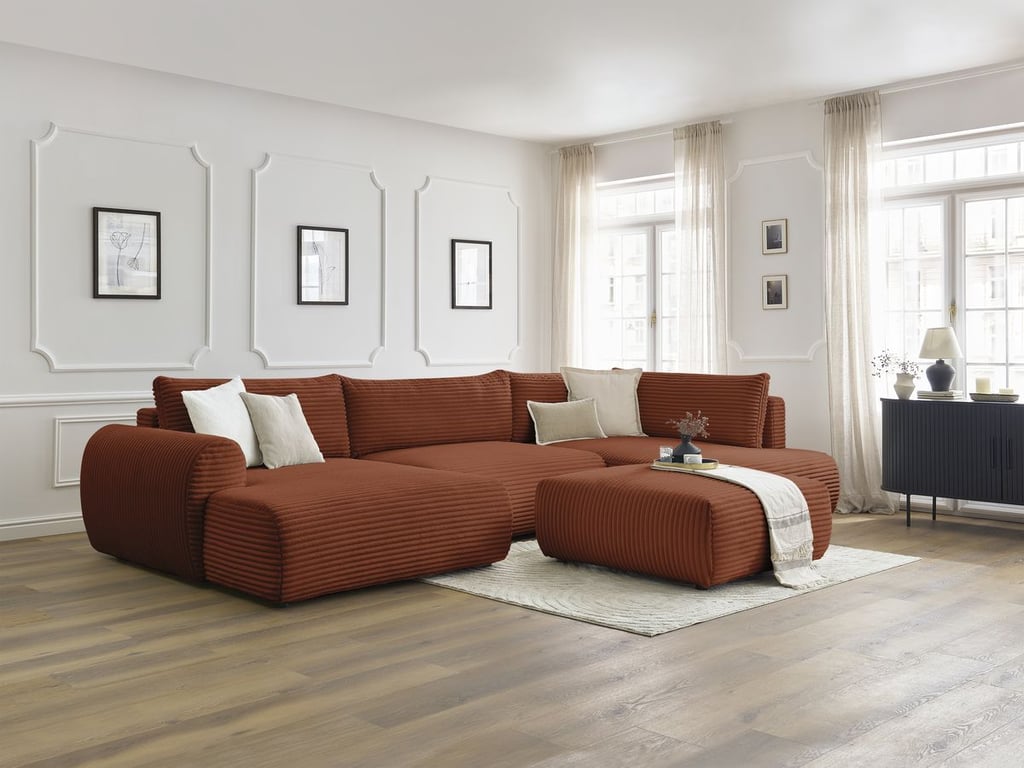 Produit similaire: Canapé panoramique convertible coffre LUCIEN gros côtelé doux avec pouf orange angle gauche BOBOCHIC 6 places
