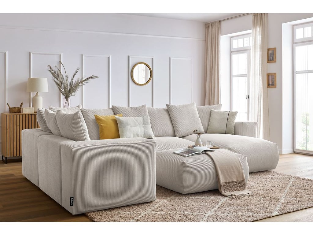 Produit similaire: Canapé panoramique fixe modulable VOLTAIRE avec 1 méridienne, 1 angle, 2 chauffeuses et 1 pouf beige angle droit BOBOCHIC 6 places