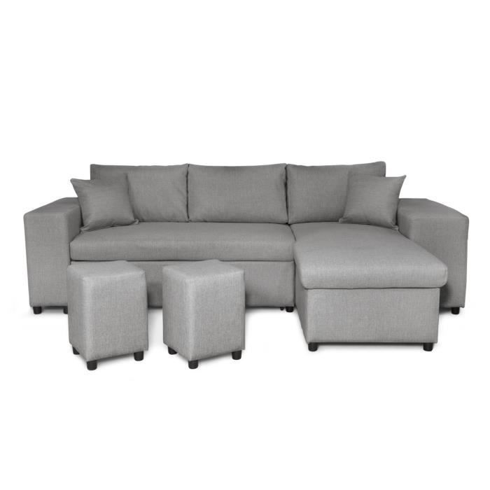 Produit similaire: Canapé d'angle réversible MADY avec coffre accoudoir étagère et poufs gauche en tissu- Gris clair - L254 x P146 x H81cm - LOUNGITUDE