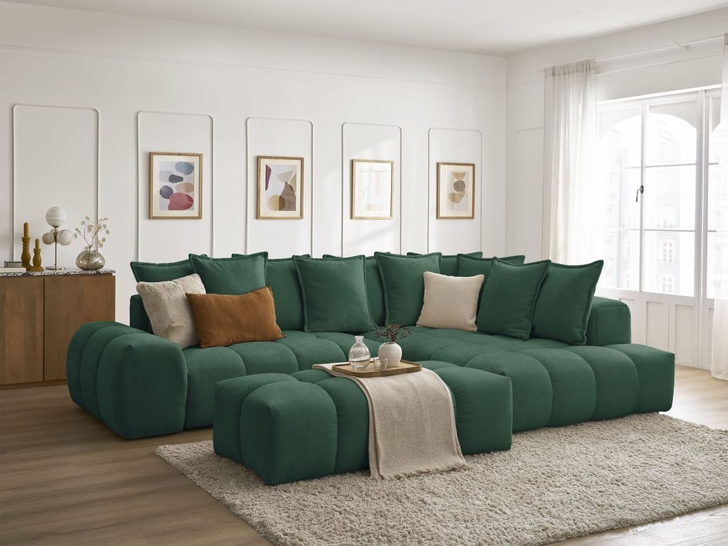 Produit similaire: Canapé d'angle L convertible coffre EVEREST tissu texturé avec pouf vert angle droit BOBOCHIC 4 places