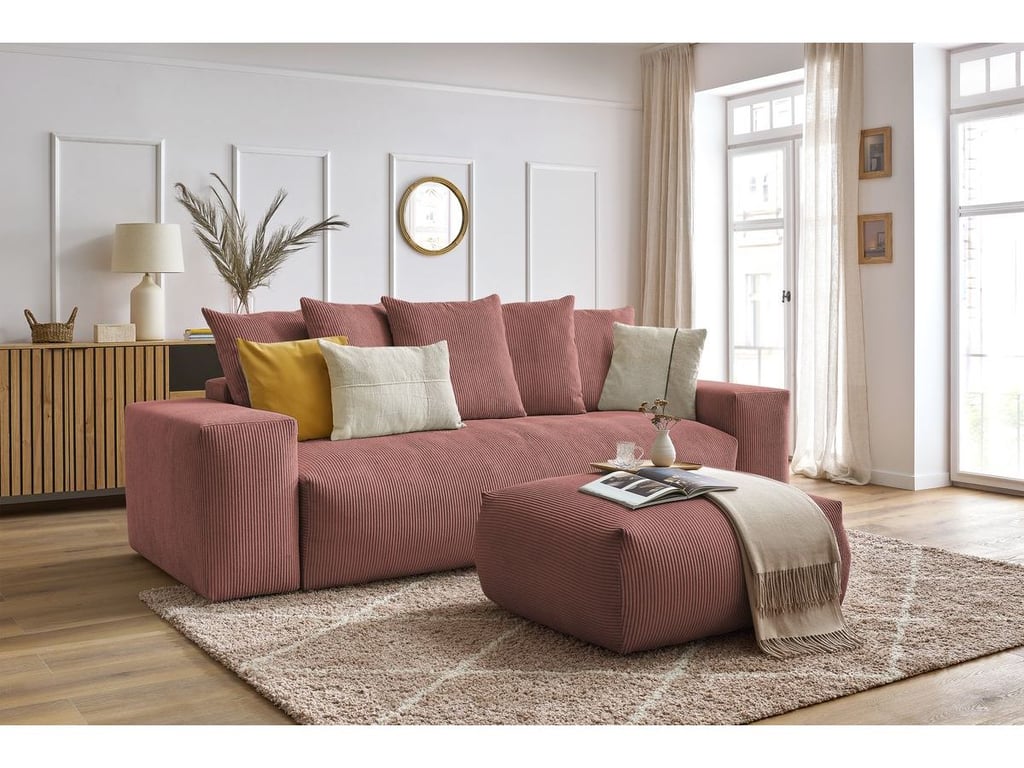 Produit similaire: Canapé droit convertible coffre VOLTAIRE avec pouf rose BOBOCHIC 4 places