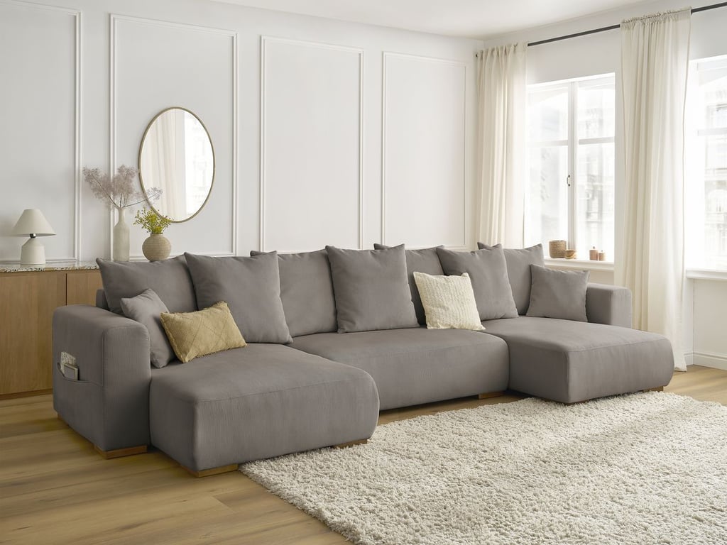 Produit similaire: Canapé panoramique convertible coffre SIDONIE velours côtelé taupe BOBOCHIC 4 places