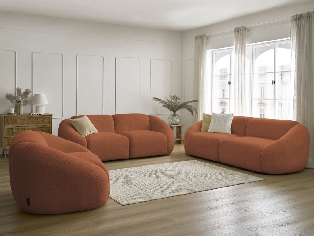 Produit similaire: Ensemble canapé droit fixe 3 + 2 places + fauteuil TINA tissu bouclette orange BOBOCHIC