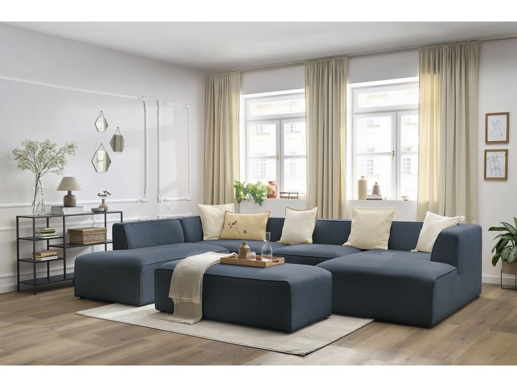 Produit similaire: Canapé panoramique fixe MEGEVE avec pouf tissu chiné bleu foncé angle droit BOBOCHIC 6 places