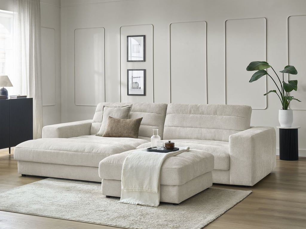 Produit similaire: Canapé d'angle fixe SIERRA tissu texturé avec pouf beige angle gauche BOBOCHIC 4 places