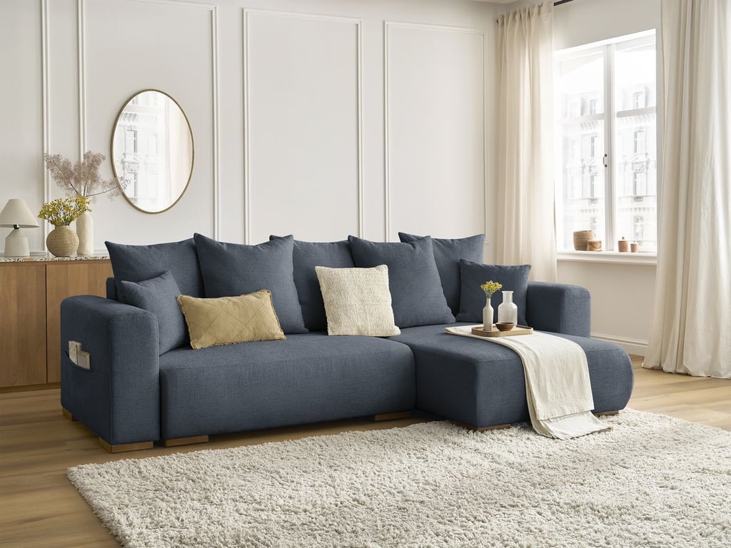 Produit similaire: Canapé d'angle convertible réversible coffre SIDONIE tissu chiné bleu foncé BOBOCHIC 3 places