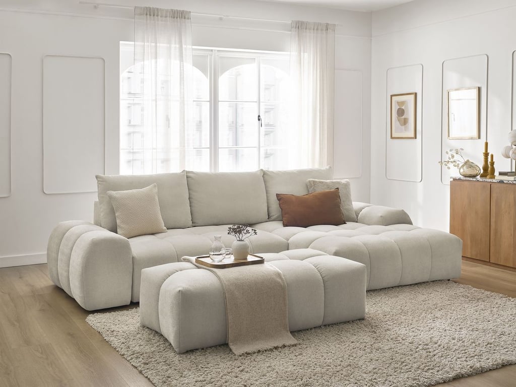 Produit similaire: Canapé d'angle convertible coffre EVEREST tissu texturé avec pouf beige angle droit BOBOCHIC 4 places