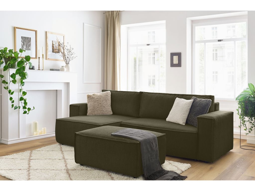 Produit similaire: Canapé d'angle réversible convertible coffre NIHAD velours côtelé avec pouf vert clair BOBOCHIC 5 places