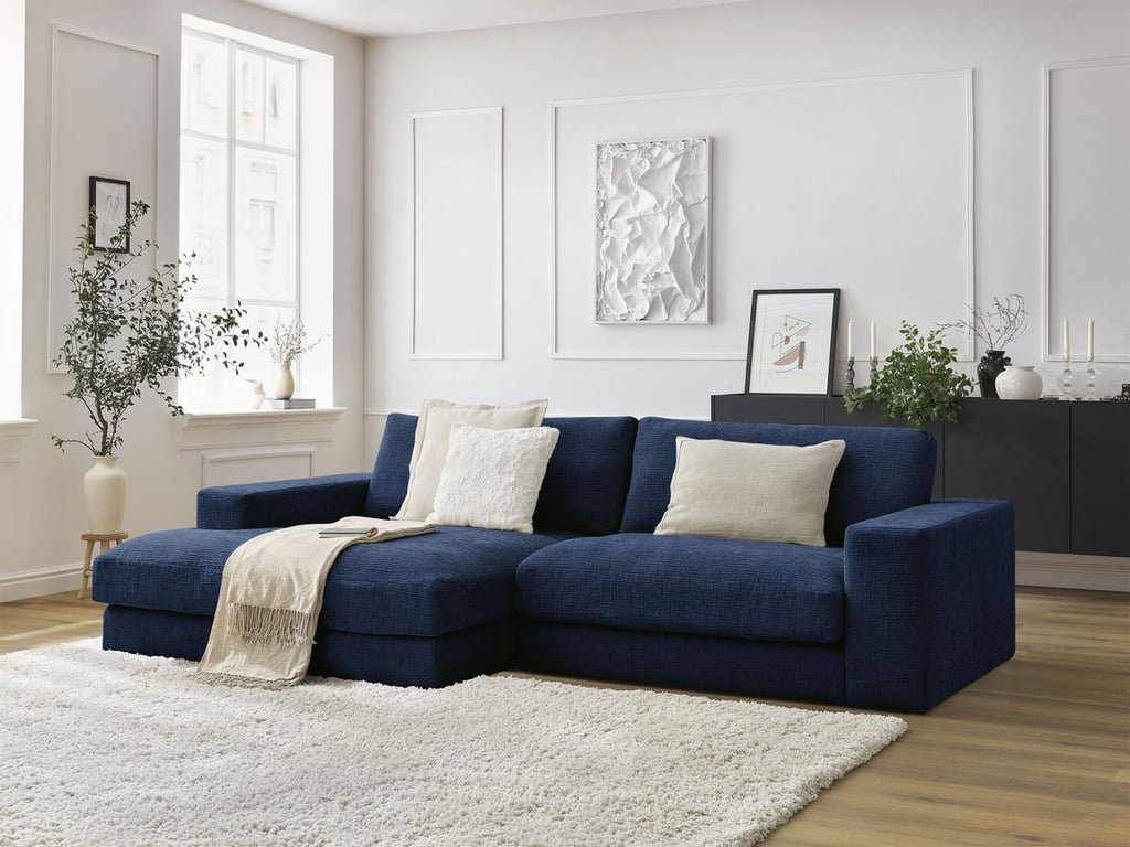 Produit similaire: Canapé d'angle fixe compact LEONARD tissu texturé bleu foncé angle gauche BOBOCHIC 4 places