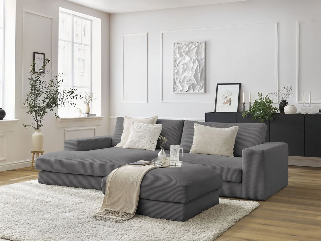 Produit similaire: Canapé d'angle fixe LEONARD velours côtelé avec pouf gris foncé angle gauche BOBOCHIC 5 places