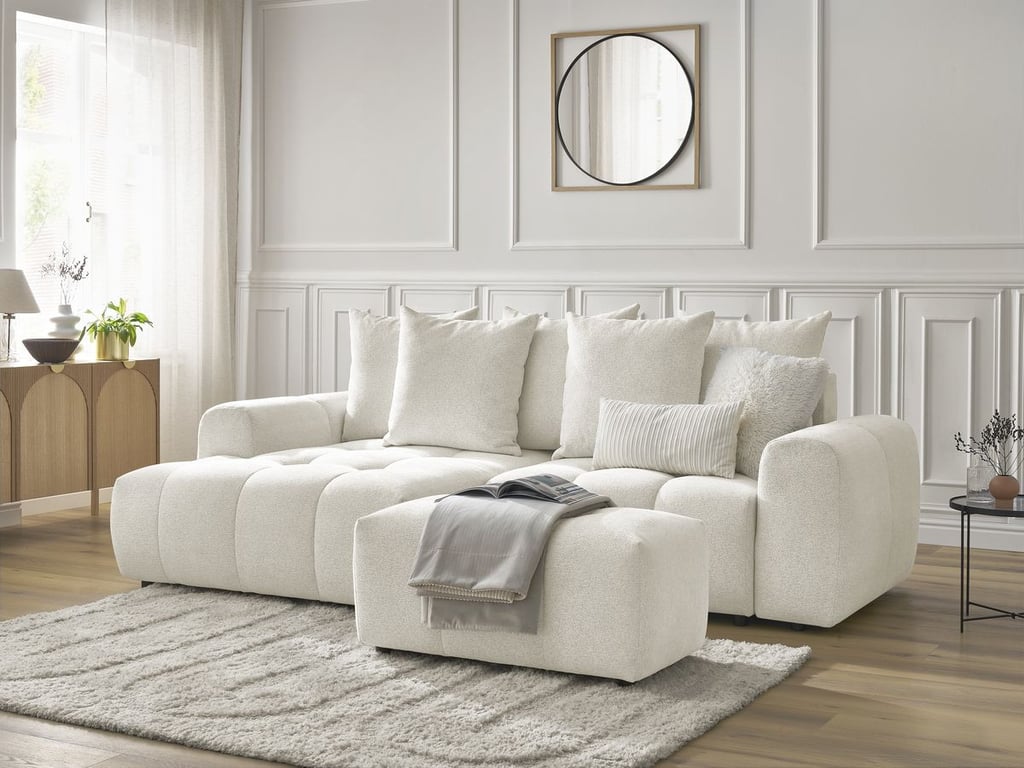 Produit similaire: Canapé d'angle convertible coffre ROXELANE tissu chiné avec pouf blanc angle gauche BOBOCHIC 3 places