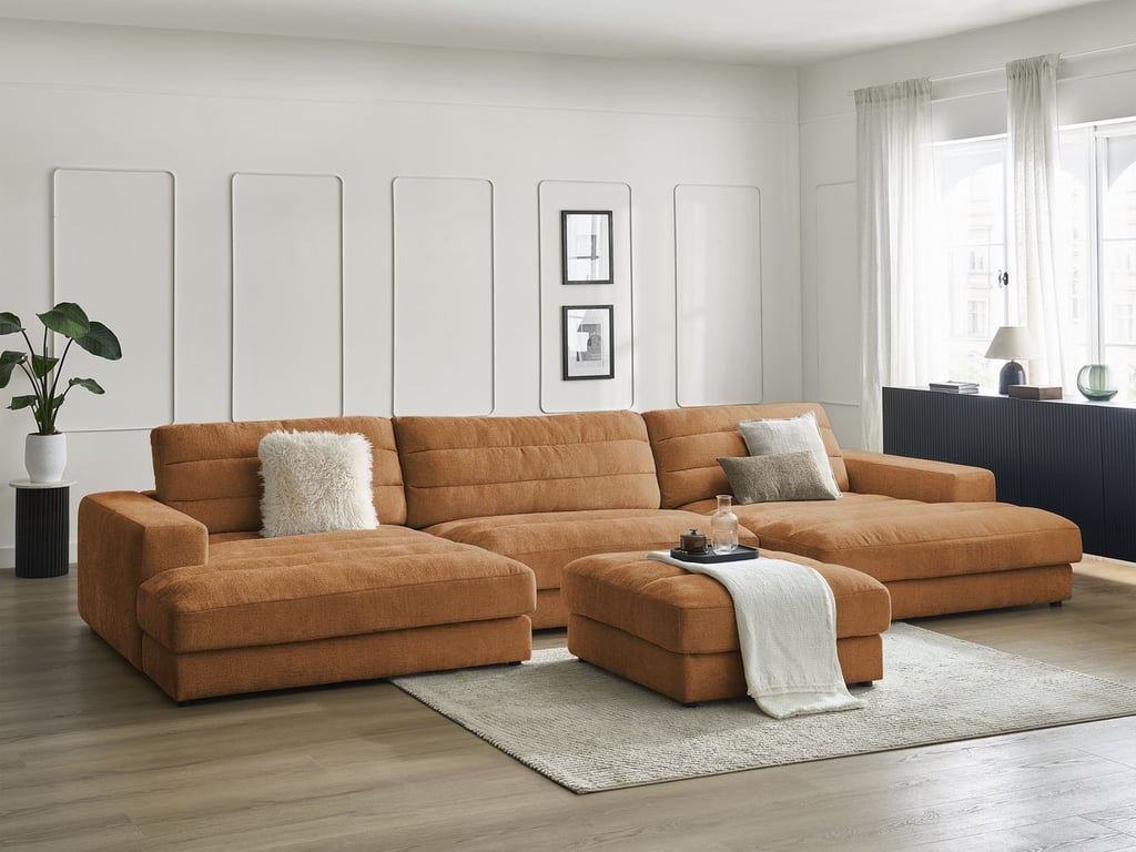 Produit similaire: Canapé panoramique fixe SIERRA tissu texturé avec pouf orange BOBOCHIC 5 places