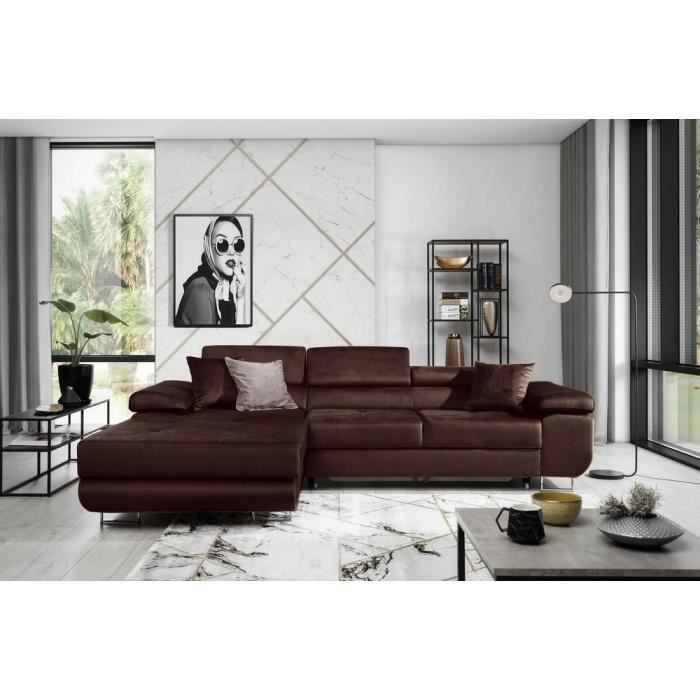 Canapé d'angle convertible ARMEL en tissu luxe 5 places, couleur chocolat, avec coffre, angle gauche (vu de face)