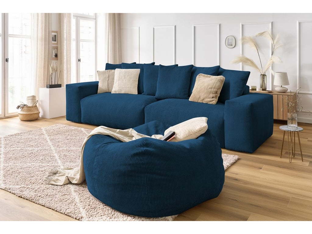 Produit similaire: Canapé droit fixe 4 places VOLTAIRE velours côtelé avec pouf bleu foncé BOBOCHIC