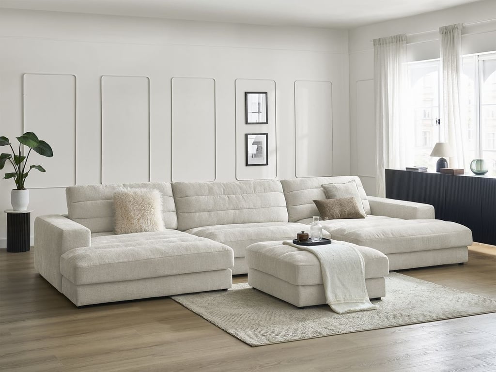 Produit similaire: Canapé panoramique fixe SIERRA tissu texturé avec pouf beige BOBOCHIC 5 places