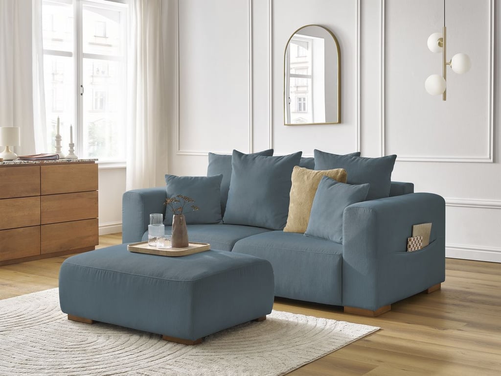 Produit similaire: Canapé droit fixe 2 places SIDONIE velours côtelé avec pouf bleu foncé BOBOCHIC