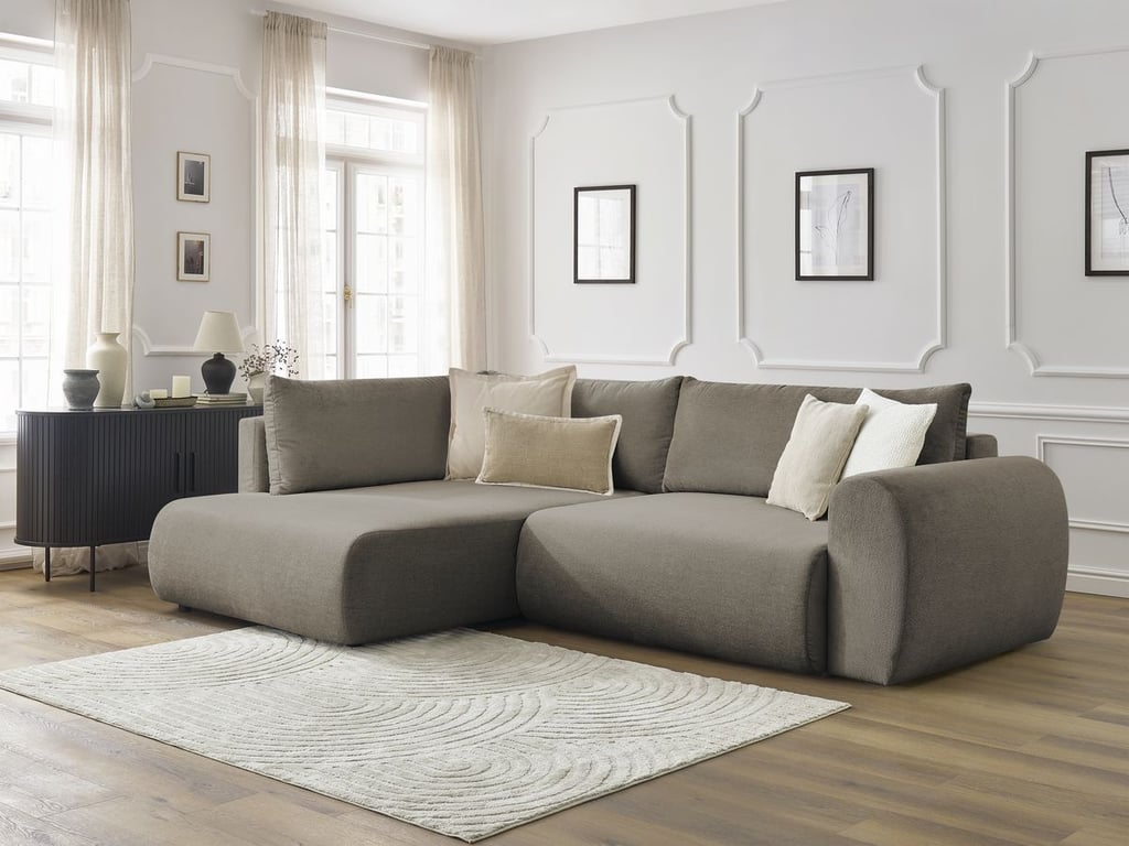 Produit similaire: Canapé d'angle L convertible coffre LUCIEN tissu lisse taupe angle gauche BOBOCHIC 3 places