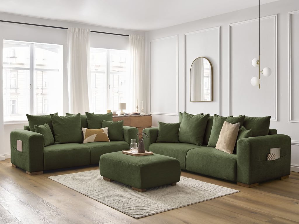 Produit similaire: Ensemble canapé droit fixe 3 + 2 places SIDONIE tissu chiné avec pouf vert BOBOCHIC