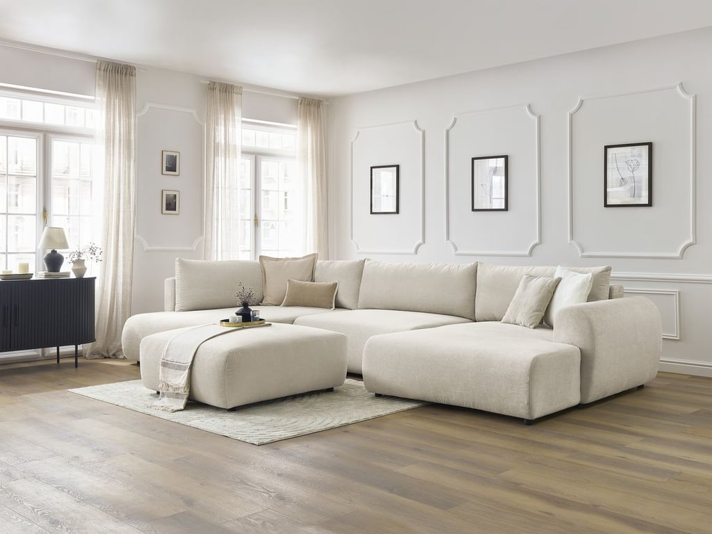 Produit similaire: Lucien canapé panoramique convertible coffre 6 places tissu lisse beige angle droit