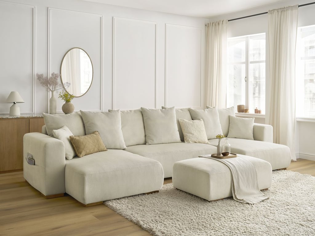 Produit similaire: Canapé panoramique convertible réversible coffre SIDONIE velours côtelé avec pouf beige BOBOCHIC 5 places