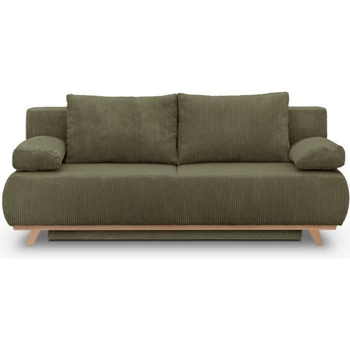 Canapé convertible 3 places avec coffre de rangement en velours côtelé vert kaki - Laria - Vue supplémentaire 1