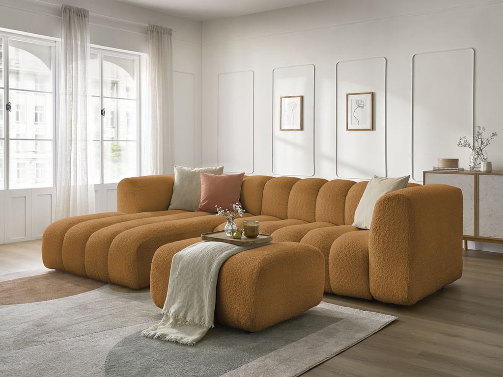 Produit similaire: Canapé d'angle fixe TALIA tissu bouclette avec pouf jaune angle gauche BOBOCHIC 4 places