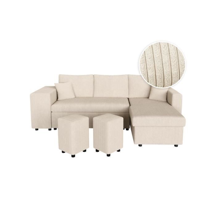 Produit similaire: Canapé d'angle réversible convertible OSLO avec coffre, 2 poufs à gauche en velours côtelé beige - L241 x P146 x H81cm - LOUNGITUDE