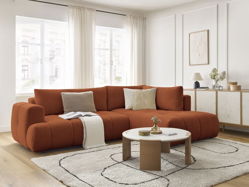 Produit similaire: Canapé d'angle L convertible FUJI tissu lisse orange angle droit BOBOCHIC 4 places