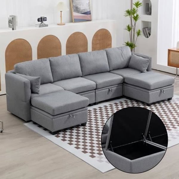 Canapé en U - Non spécifié - Convertible - Tissu de lin - 6 places - Accoudoirs pliables