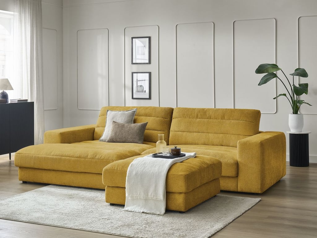 Produit similaire: Canapé d'angle fixe SIERRA tissu texturé avec pouf jaune angle gauche BOBOCHIC 4 places