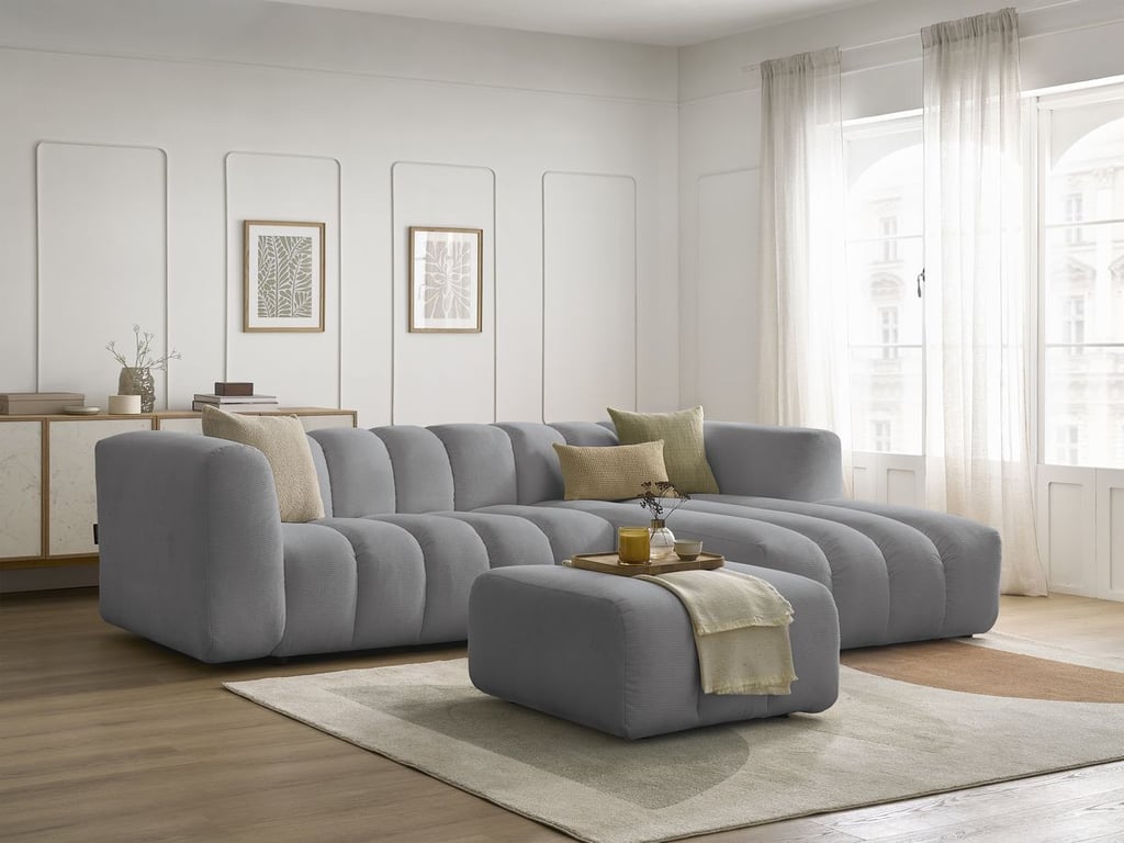 Produit similaire: Canapé d'angle fixe TALIA tissu chiné avec pouf gris clair angle droit BOBOCHIC 4 places