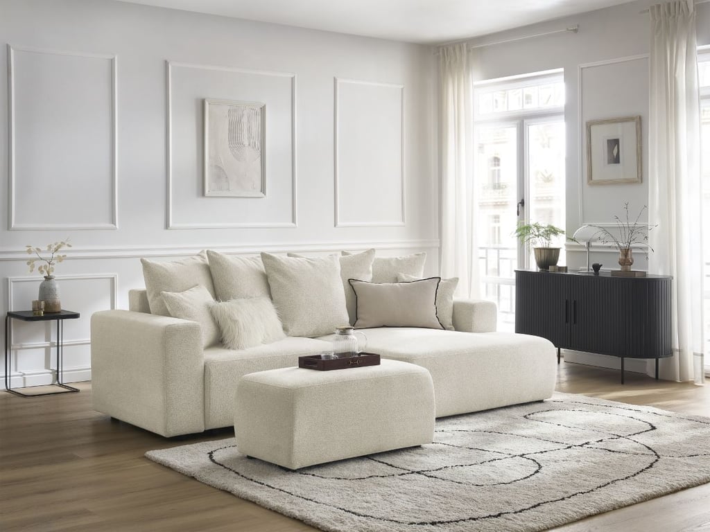 Produit similaire: Canapé d'angle convertible coffre ATILLA tissu chiné avec pouf blanc angle droit BOBOCHIC 5 places