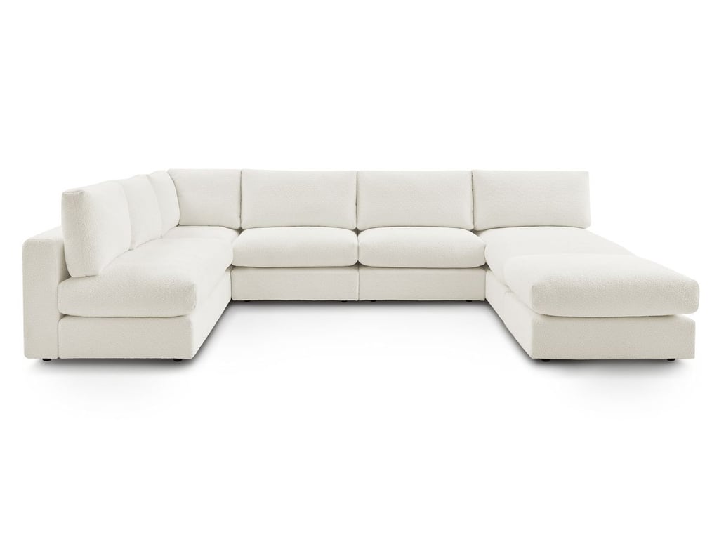 Produit similaire: Canapé d'angle fixe 100% modulable PARIS tissu bouclette 3 chauffeuses, 1 méridienne, 1 angle, 1 pouf blanc BOBOCHIC 6 places