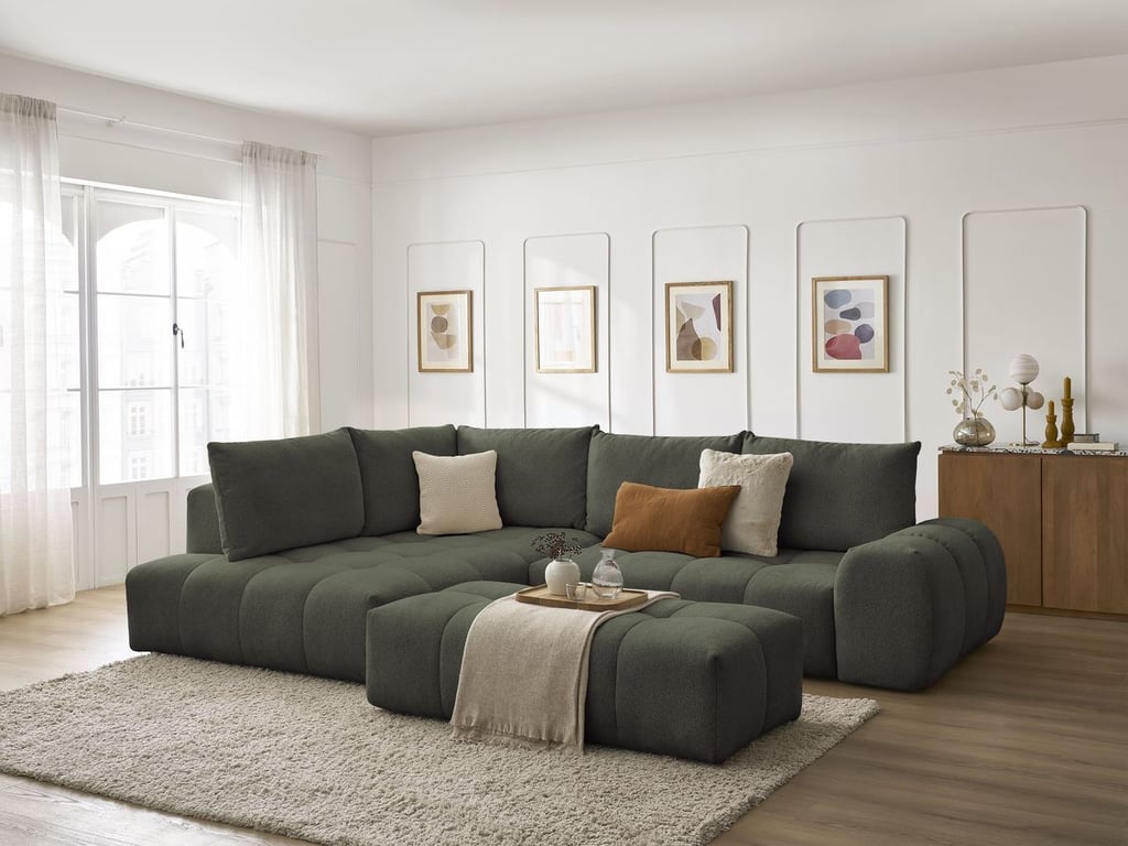 Produit similaire: Canapé d'angle L convertible coffre EVEREST tissu chiné avec pouf vert angle gauche BOBOCHIC 4 places