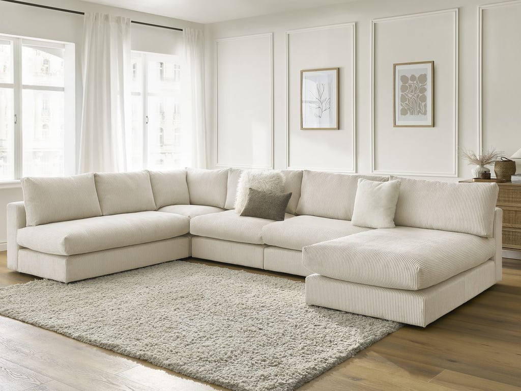 Produit similaire: Canapé d'angle modulable PARIS velours côtelé avec 3 chauffeuses, 1 méridienne et 1 angle beige BOBOCHIC 5 places