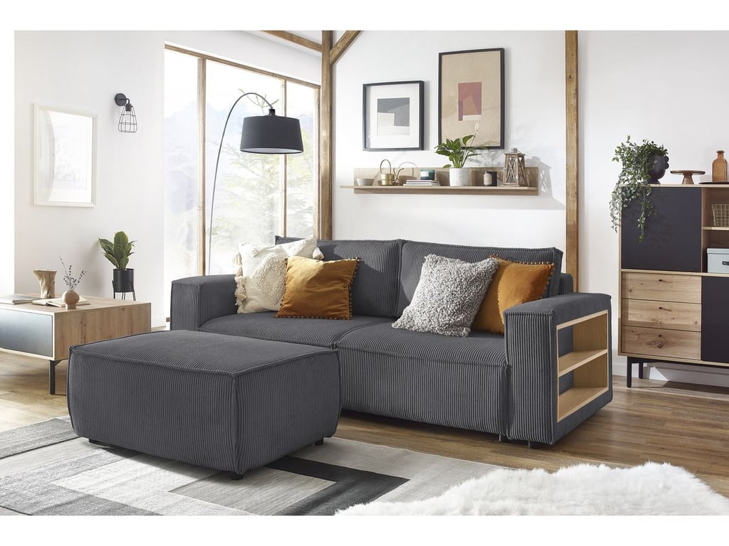 Produit similaire: Canapé droit convertible coffre tablette NIHAD velours côtelé avec pouf gris foncé BOBOCHIC 3 places