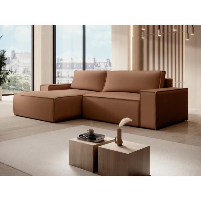 Produit similaire: Canapé d'angle gauche convertible en tissu effet cuir marron AMELIA