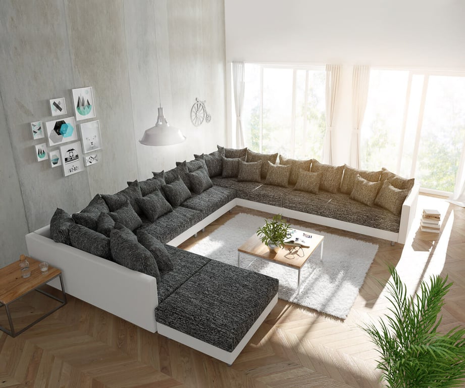 Produit similaire: Canapé-panoramique Clovis XXL blanc noir avec tabouret poufs droite