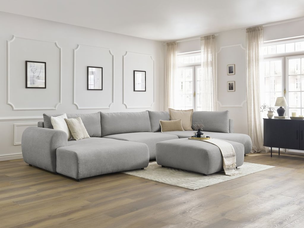 Produit similaire: Canapé panoramique convertible coffre LUCIEN tissu lisse avec pouf gris clair angle gauche BOBOCHIC 6 places
