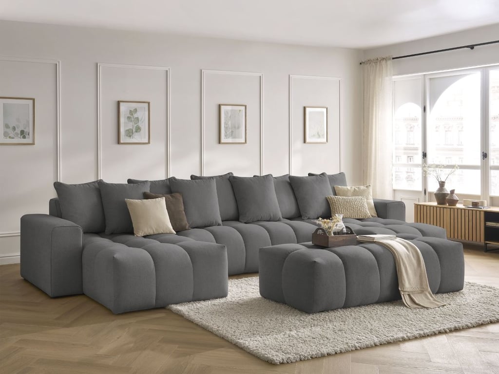 Canapé panoramique fixe MONT-BLANC tissu chiné avec pouf gris foncé   BOBOCHIC 6 places