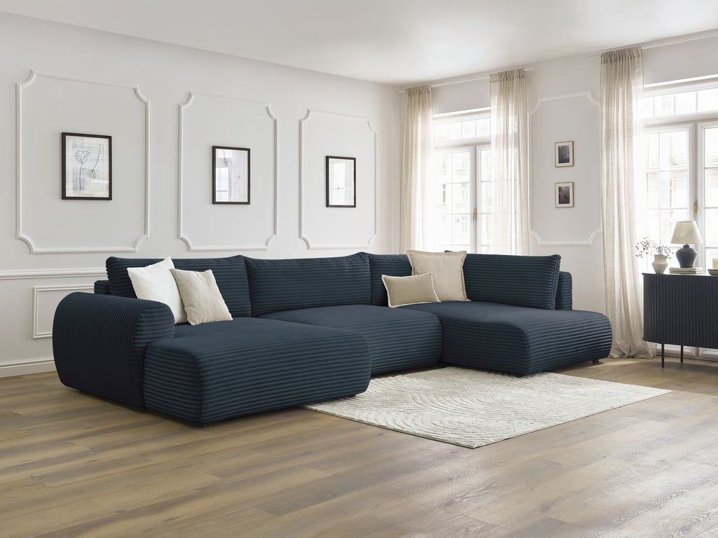 Produit similaire: Canapé panoramique convertible coffre LUCIEN gros côtelé doux bleu foncé angle gauche BOBOCHIC 5 places