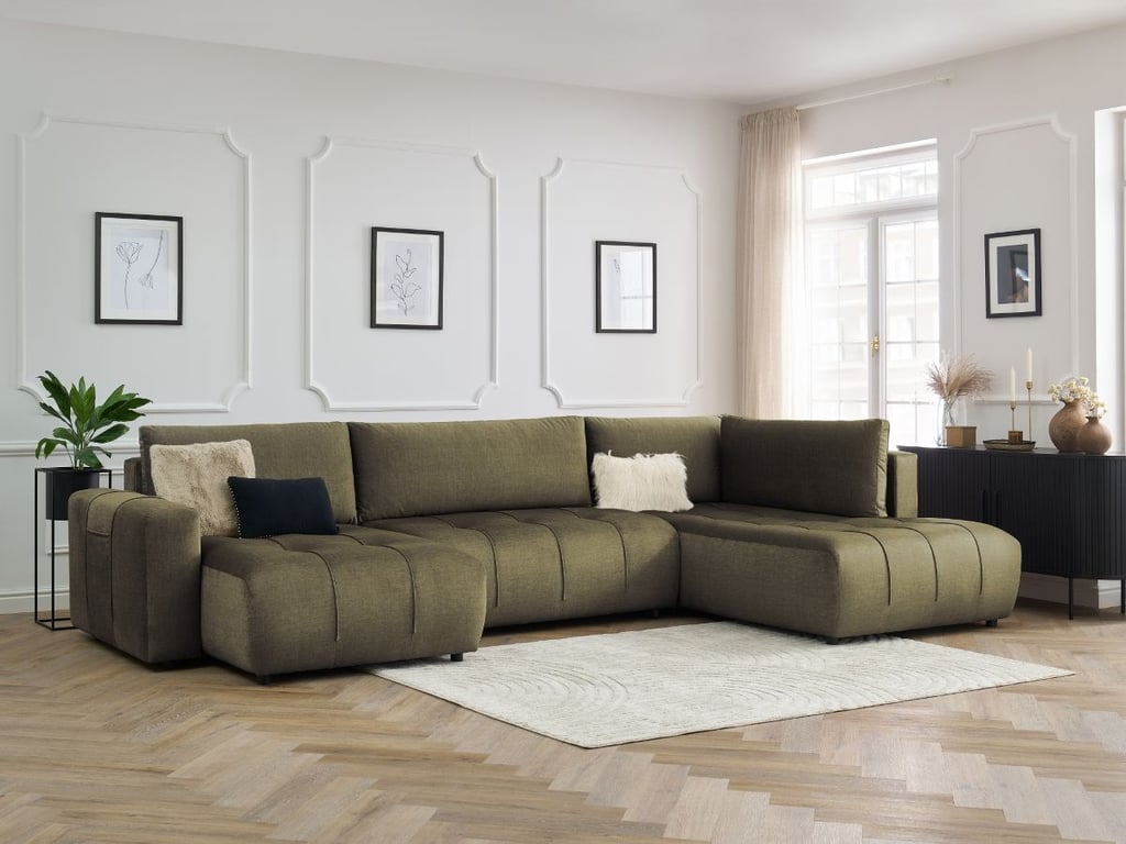 Produit similaire: Canapé panoramique convertible coffre ARSENE tissu velours vert angle gauche BOBOCHIC 5 places