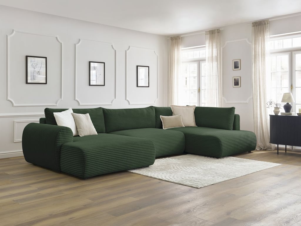 Produit similaire: Canapé panoramique convertible coffre LUCIEN gros côtelé doux vert angle gauche BOBOCHIC 5 places