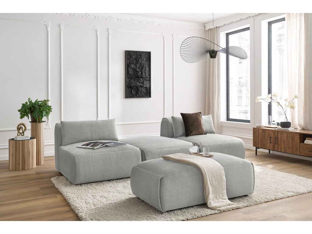 Produit similaire: Canapé droit fixe 3 places JEANNE avec pouf tissu velours gris clair BOBOCHIC 4 places