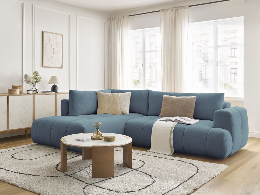 Produit similaire: Canapé d'angle L convertible FUJI tissu lisse bleu clair angle gauche BOBOCHIC 4 places