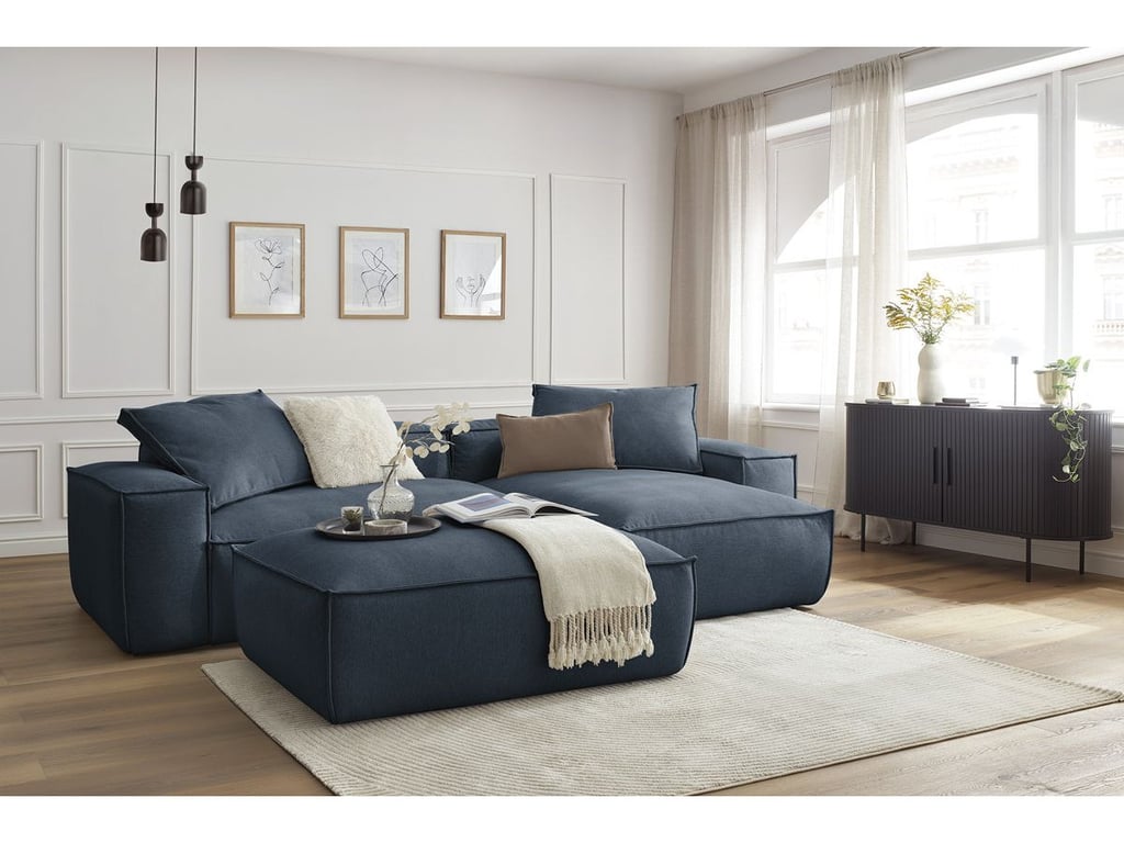 Produit similaire: Canapé d'angle réversible ultra moelleux BOHEME tissu chiné avec pouf bleu foncé réversible BOBOCHIC 3 places