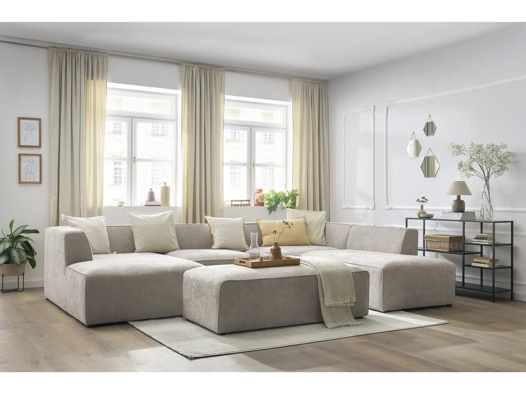 Produit similaire: Canapé panoramique fixe MEGEVE avec pouf tissu texturé beige angle gauche BOBOCHIC 6 places