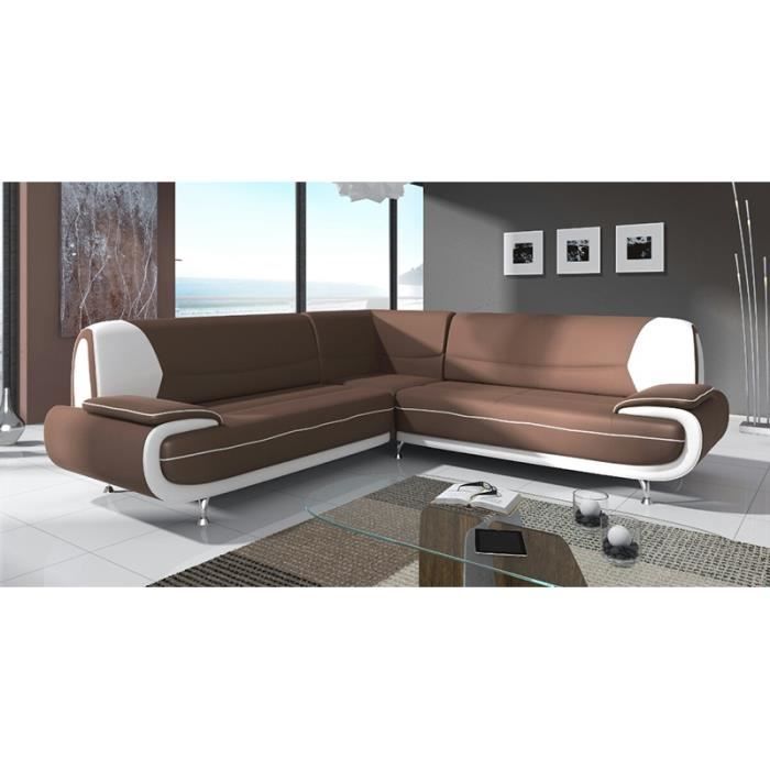 Canapé d'angle design en simili marron et blanc - MUZA - Réversible - Contemporain - Moelleux