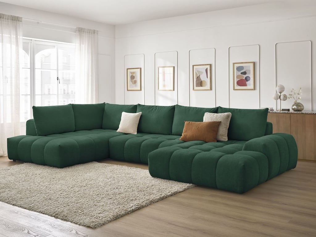 Produit similaire: Canapé panoramique convertible coffre EVEREST tissu texturé vert angle droit BOBOCHIC 6 places