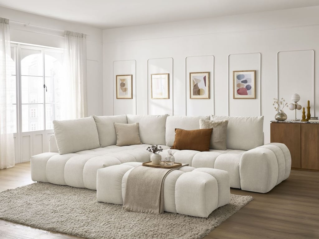 Produit similaire: Canapé d'angle L convertible coffre EVEREST tissu texturé avec pouf beige angle gauche BOBOCHIC 4 places